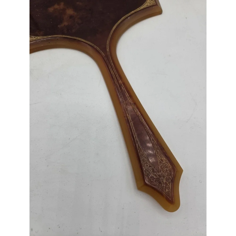 Pyralin Mayflower VTG Hand Held Amber Mirror Art Deco Beveled Ornate Celluloid